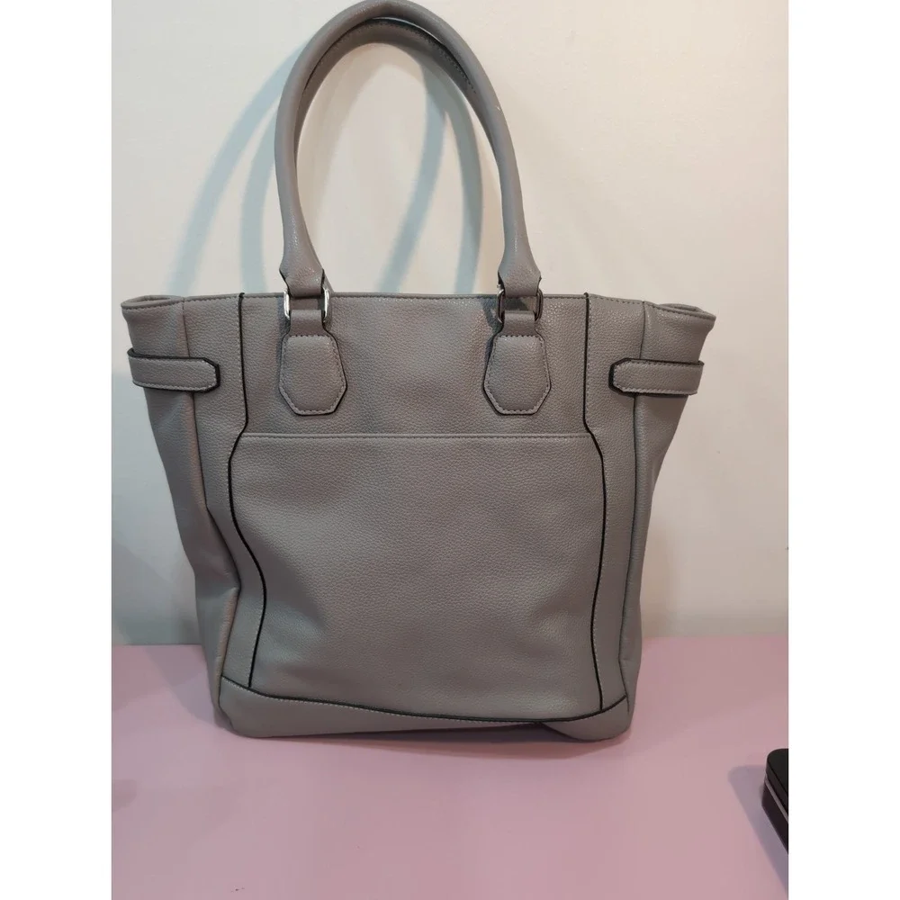 Kenneth Cole Reaction Gray Faux Leather Textured Gray Satchel with Logo Charm